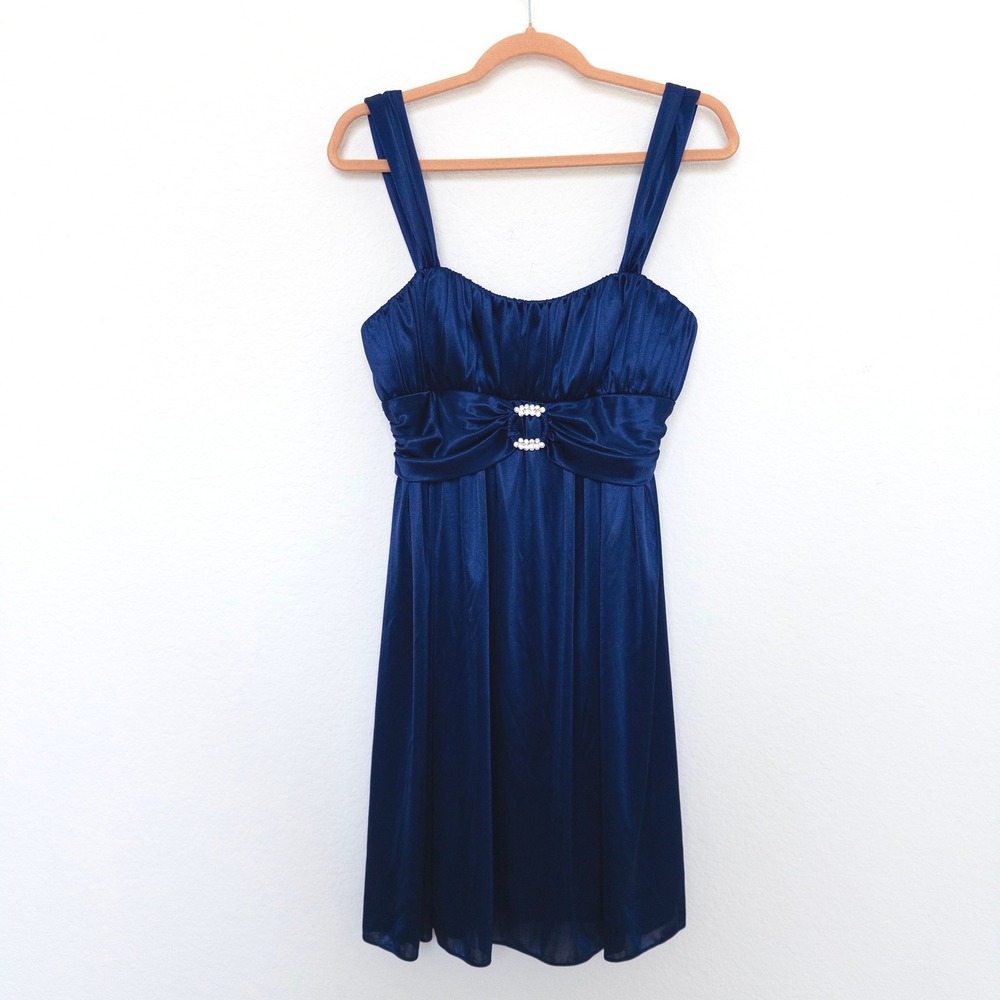 Y2K Morgan & Co‎ Womens Dress Size M Blue Satin McBling Babydoll Party Hoco Glam